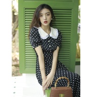 JUJU ปรับแต่ง High-End Retro Retro เอวผูก Slimming Polka Dot ชุดทํางานฤดูร้อนเสื้อผ้าผู้หญิง Midi คว