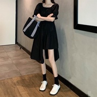 Váy nữ cổ vuông lệch tầng đan dây eo 2 màu dáng xòe vintage/ Đầm suông dáng dài mặc 2 kiểu trẻ trung