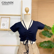 ✨CHANIN.STYLE✨Jolie crop เสื้อครอปรูดหน้า คล้องคอ ผ้าร่อง ยืด ทรงสวย ใส่สบาย พร้อมส่ง มีปลายทาง