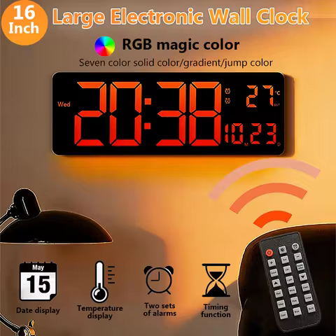16 Inch Large Electronic Wall Clock Remote Control RGB Dual Alarm Timing Temp Date Memory Table Cloc