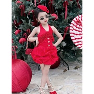 (DESIGNER) HK110 Red silk dress with halter neck and stone bow 7-40kg