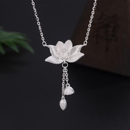 S999 Two Generations Silver Lotus Necklace, Retro Style Women's Lotus Pong Tassel Collar Chain,silve
