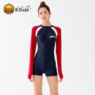 B.Duck泳衣女2024新款連體保守長袖防曬遮肚顯瘦高級感專業游泳衣