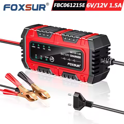 FOXSUR 6V 12V 1.5A Battery Charger FBC061215E 4AH-30AH LiFePo4 AGM EFB GFL Battery Maintainer Car Mo