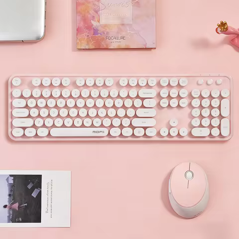 MOFii 1 Set Sweet Wireless Keyboard and Mouse Combo, White & Pink Retro Round Keycaps, Cute Design f