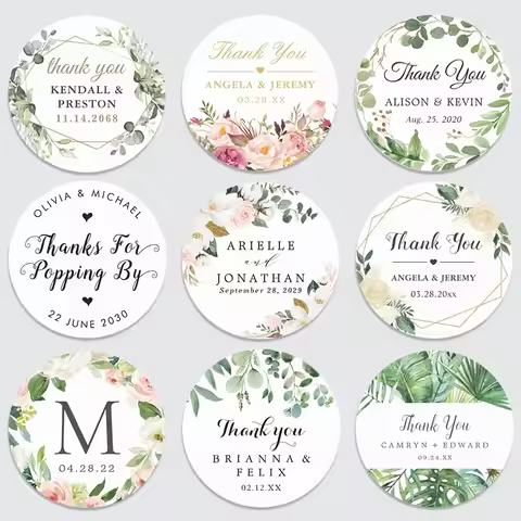 Personalized Name Round sticker, custom name Date Bridal Shower Party Thank you sticker