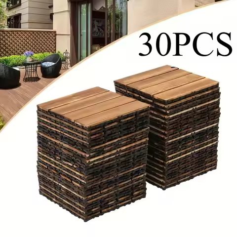 30PCS DIY Solid Wood Interlocking Flooring, 11.81x1.81 Inches, Easy To Assemble and Cut, Balcony Gar
