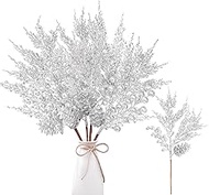Sggvecsy 8 Pack Christmas Glitter Artificial Pine Needles 18.1 inch Fake Glitter Berry Stems with Pine Cones Pine Branches for Christmas Embellishing DIY Garland Wreath Garden HomeDecoration (Silver)