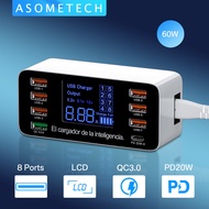 ASOMETECH ที่ชาร์จเร็ว USB C 8พอร์ตที่ชาร์จเร็วหน้าจอ LED อัจฉริยะชาร์จเร็ว40W QC3.0 USB Type C สำหร