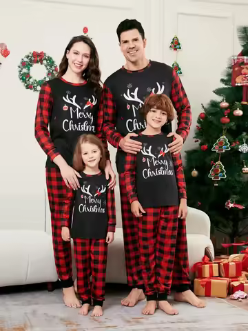 Merry Christmas Print Family Pajamas Set Mother Father Kids Matching Clothes Long Sleeve O Neck 2 Pi