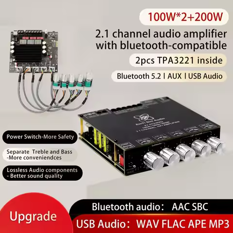 2*100W+200W TPA3221 Bluetooth Power Amplifier Board 2.1 Ch Class D USB Sound Card Subwoofer Theater 