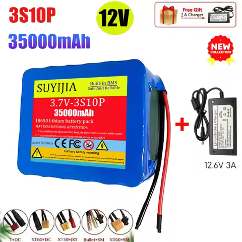 11.1V 12V 35000mAh 3S10P Lithium Ion 18650 Battery Pack with BMS for Bait Boat Backup Power Supply C
