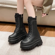 Kasut Martin Platform untuk Wanita Baru 9cm Baji Tersembunyi Lace-up Slimming Pertengahan Betis But 