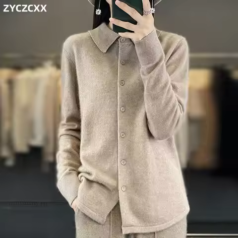 100% Mink Cashmere POLO Collar Women's Sweater Cardigan Solid Color Thick warm Cardigan Sweater For 