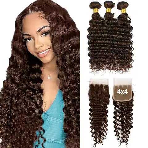 #4 Chocolate Brown Deep Wave Human Hair Bundles With Closure 4x4 Transparent Swiss Lace 12A Brazilia