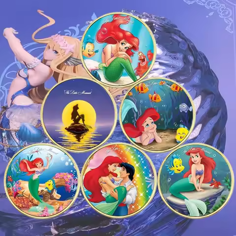 The Little Mermaid Ariel Commemorative Coin Set 6 Designs Gold Plated Cartoon Collectibles Birthday 