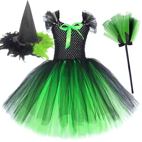 Green Black Witch Elphaba Costumes for Girls Halloween Fancy Dresses with Hat Broom Kids Wicked Disg