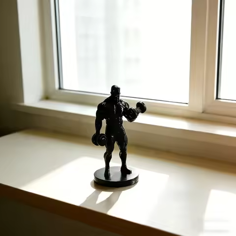 1 Piece in the Collection: 3D Printed Muscle Man Dumbbell Sculpture, Black Fitness Ornament Suitable
