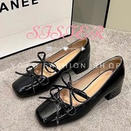 Giày Cao Gót Nữ Mary Jane Mũi Vuông Đế Trụ 3p Phối Nơ Điệu Đà Da Mềm Êm Chân Phong Cách Pháp TG21