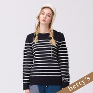 Betty's Betty's (25) Styling Fringe One-Shoulder Buttoned Striped Sweater (Dark Blue)