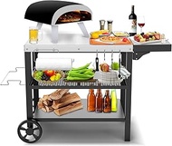 BBQMall Three-Shelf Movable Outdoor Grill Table for Ninja Woodfire, Ooni Pizza Oven,Blackstone Griddle, Food Prep Worktable with Drawer &amp; Side Table on Wheels,Cuisinart Grill/Pizza Cart Stand