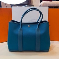 愛馬仕/Hermes 藍色銀扣 帆布拼皮 花園36 C刻 手提包 garden party