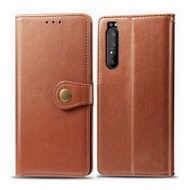 全城熱賣 - 適用於索尼 Sony Xperia 1 II 復古純色皮紋搭扣手機皮套帶掛繩&相框&卡槽&錢包&支架功能（棕色）