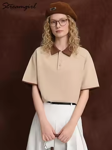 Streamgirl Summer Women's T-shirts And Polo Shirts Woman Cotton Black Loose Short Sleeve Brown Polo