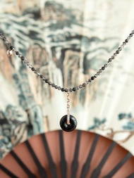 平安 - 烏雞翡翠平安扣 黑髮晶項鏈