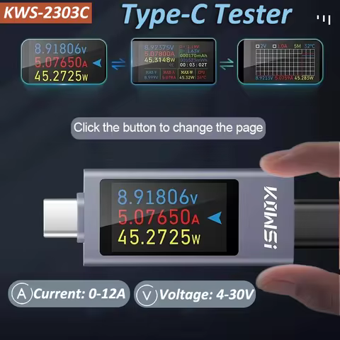 KWS-2303C Digital Type-C Tester DC 4-30V 0-12A Current and Voltage Monitor Power Meter Tester Cell P