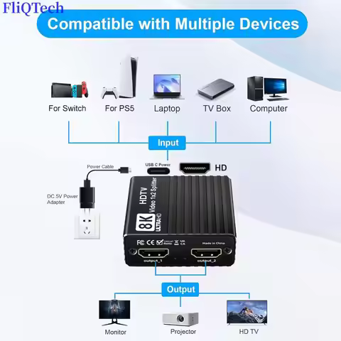 HDTV 1X2 Splitter 8K60hz/4K120hz/1080P240hz HDMI-Compatible 1 To 2 Splitter Dual Display Video Split