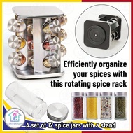 Rotatable 12-Jar Spice Bottles Carousel Stainless Steel Combination Seasoning Glass Bottle Rack Set