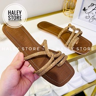 Dép xoắn xỏ ngón HALEY STORE đế bệt mũi vuông đính đá xoàn quai ngang tiểu thư đi chơi đi học đi du