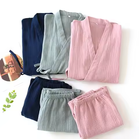 Summer Woman Japanese Couples Pajamas Thin Cotton Gauze Crepe Kimono Yukata Homewear Short Sleeve Sl