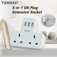 TESSAN TS221 2 Way Extension Plug Power Socket Adapter With 3 USB Port Output 3A Fast Charging Wall Socket  Extension Plug  13A UK 3 Pin Extension Plug Socket Adapter（Gray-White）