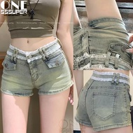 Women's summer denim shorts retro lace embroidery patch denim shorts