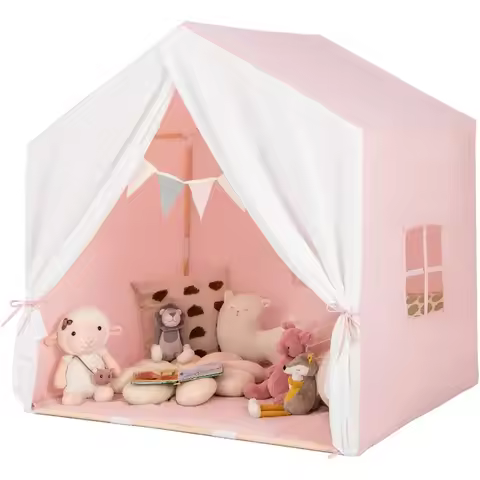Pink Play Tent Indoor Playhouse with Mat Windows Curtain Solid Wood Frame 52 x36 x52 Large Princess 