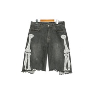 Kapital 21SS Quần Short Denim Ống Đứng Rộng Rãi Thêu Xương Phong Cách Nhật Bản Quần Jeans Thường Ngà