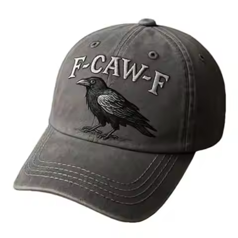 F-Caw-F Crow Hat, F CAW F Vintage Gothic Black Bird Cap, Adjustable Embroidered Soft Washed Grey Bas