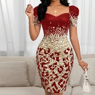 Women's Sequin Print Puff Sleeve Bodycon Mini Dress, Summer Fashion Banquet Dresses For Women Bodyco