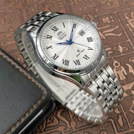Orient ปฏิทินอัตโนมัติส่องสว่างคลาสสิกผู้ชายสแตนเลสกรณีกลไกนาฬิกาพร้อมกล่อง ORIENT นาฬิกากลไกเรืองแสงอัตโนมัติ