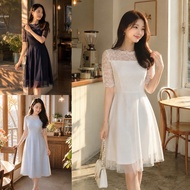 D1808 ROBIN KOREAN STYLE VINTAGE MIDI DRESS SIMPLE SABRINA LACE BROCADEELEGAN