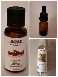 醫治灰甲套裝，Now Foods 丁香油 clove oil 精油 甜杏仁 底油 棕色滴管式玻璃樽 遮光樽 美國製造 made in  USA  減輕壓力 抗真菌 消除灰甲 香港腳 改善消化 炎症 擦