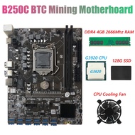 B250C BTC Miner Motherboard+G3920 CPU+Fan+DDR4 4GB 2666Mhz RAM+128G SSD 12XPCIE to USB3.0 Graphics Card Slot for BTC