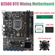 B250C BTC Miner Motherboard+G3920 CPU+Fan+DDR4 4GB 2666Mhz RAM+128G SSD 12XPCIE to USB3.0 Graphics C
