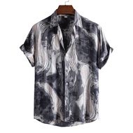 Men's Tie-dye Loose Casual Short Sleeve Shirt Button Up Ink Printed Polo Shirt Plus Size Black Grey\ Red Pink