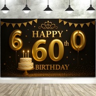 Happy 60th Birthday Party Banner Backdrop Black Gold 60th Birthday Backdrop for Men Women Milestone 
