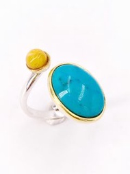 包郵❣️Handmade in Poland  turquoise and yellow beewax amber ring 波蘭🇵🇱手工打造，純天然美松黃花蜜蠟戒指