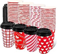 Valentine's Day Paper Coffee Cups with Lids Red White Love Heart Disposable Drinking Cups 16 Oz To G