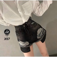 Women's gray ripped jeans shorts with tassels and pockets MS X67